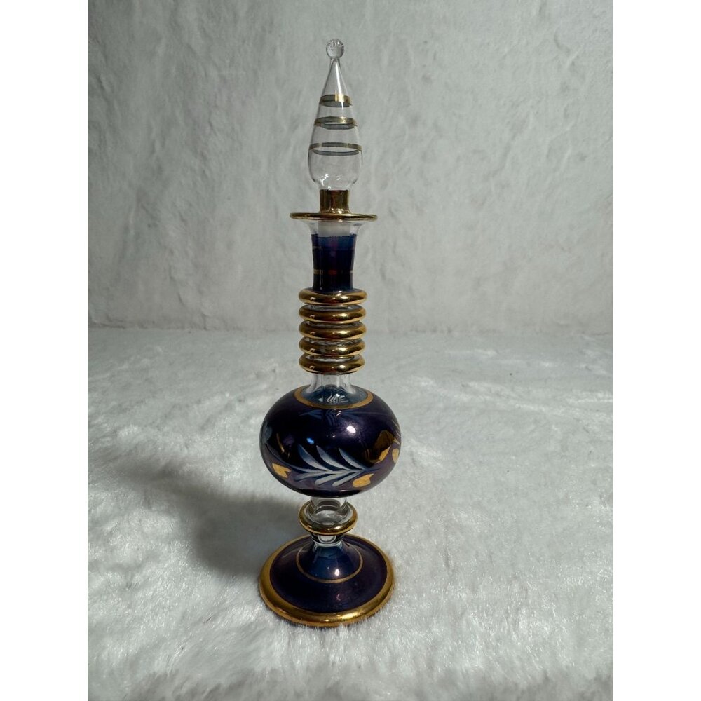 Handcrafted Egyptian Glass Perfume Bottle With Gold Accents Dark Blue & Gold - Picture 2 of 8